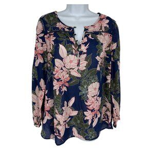 Talbots Playful Floral Long Sleeve Henley Lightweight Blouse Size L